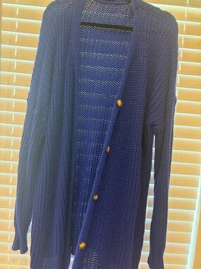 Men's Navy Open-Knit Button Cardigan Sweater